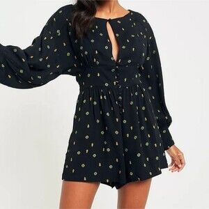 Free People Love Grows Black Geometric Print Long Slv Keyhole Romper Playsuit S